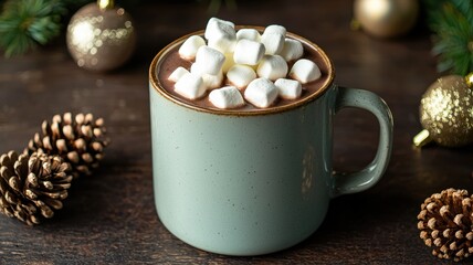 A cozy cup of hot chocolate topped with marshmallows, surrounded by festive pinecones and ornaments, perfect for winter celebrations.
