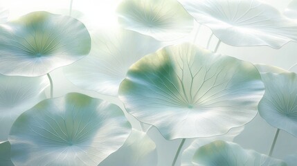 Delicate white lotus leaves floating in soft, diffused light, creating a serene and calming atmosphere.