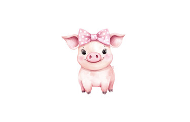 Happy watercolor pig with pink bow on head, cartoon style. Clip art for stickers white background