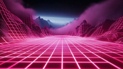 A surreal landscape featuring glowing pink gridlines against a mountain backdrop, evoking a retro-futuristic vibe.