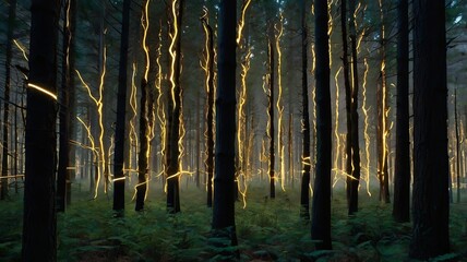 Obraz premium a forest with a line of trees that has the light shining through them.