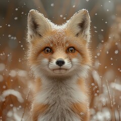 Playful fox kit gleefully dances amidst delicate snowflakes in a winter wonderland