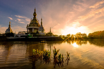 Fototapeta premium The background of an important tourist attraction in Khon Kaen Province (Wat Thung Setthi) is a large pagoda in the middle of a swamp, tourists always come to see the beauty in Thailand