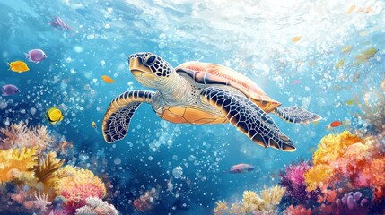 Fototapeta premium A green sea turtle swims through a vibrant coral reef with colorful fish and bubbles in the blue water.