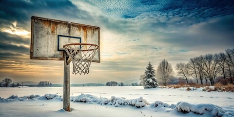 Naklejka premium A dilapidated basketball hoop looms over a snowy court, encapsulating winter's chill. Vintage photography immortalizes the beauty of outdoor sports amid the quiet landscape.