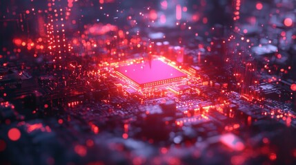 A glowing red circuit board with a processor in the center.