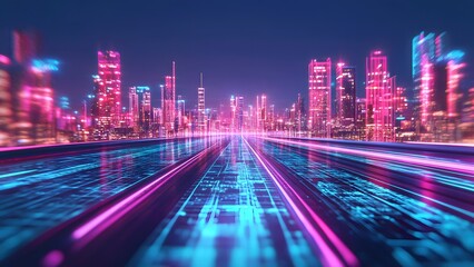 A highway made of neon strips leads to the city