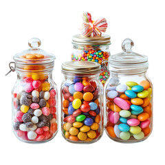 Colorful Retro Glass Jars Filled with Candy Transparent PNG background.