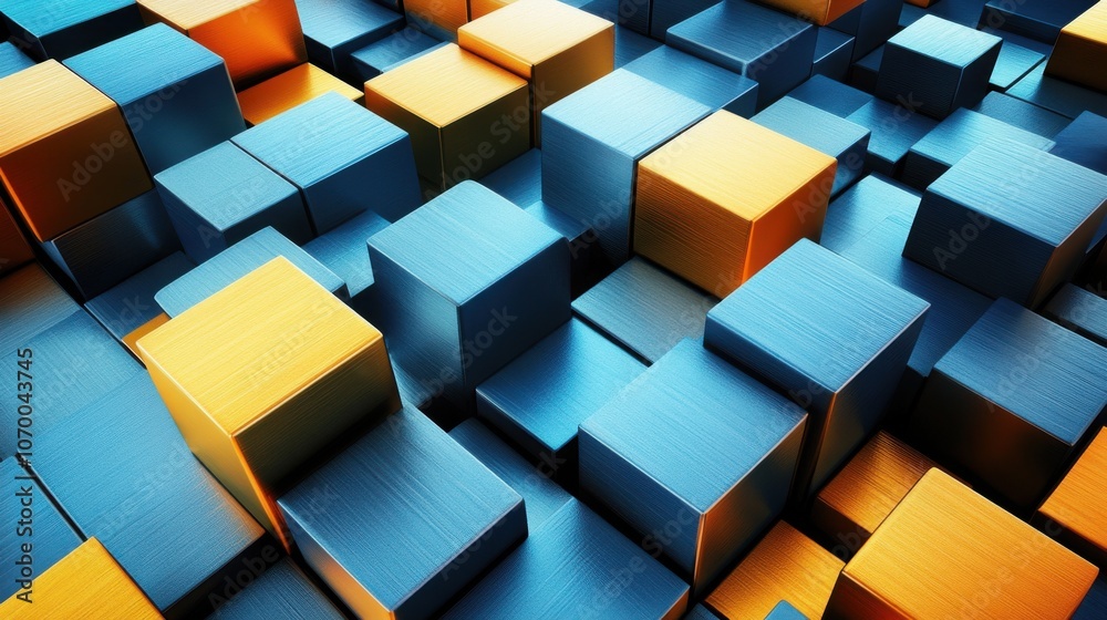 Poster a vibrant array of blue and orange metallic cubes stacked artistically, creating a dynamic abstract 