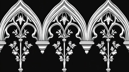 Seamless pattern of white gothic arches with floral motifs on a black background.