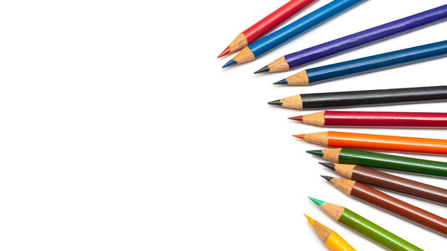 A vibrant collection of colored pencils arranged artistically for drawing and coloring projects, showcasing a variety of shades on a clean white background