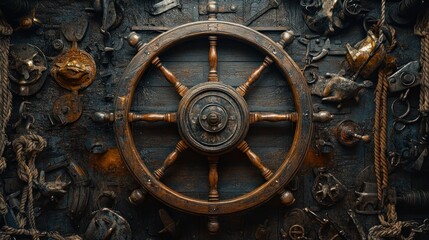 Fototapeta premium An old ship's wheel surrounded by nautical decor.
