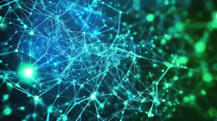 Abstract visualization of a blue and green network of interconnected nodes and lines.
