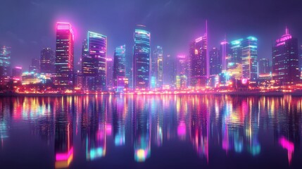 Obraz premium A vibrant city skyline at night, showcasing futuristic skyscrapers illuminated with colorful neon lights.
