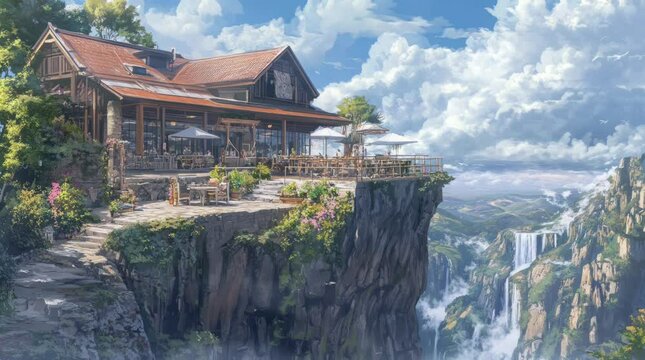 landscape coffee shop on a hill with a very beautiful sky full of clouds. Seamless looping time-lapse virtual 4k video animation background