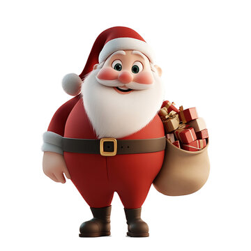 Immagine stile cartoon di Babbo Natale con un cesto colmo di regali per Natale. Diponibile su sfondo bianco trasparente