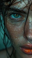 Close-Up Portrait of a Woman with Water Drops on Her Face - Beauty and Emotion