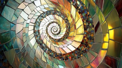 Fototapeta premium A vibrant, abstract spiral design featuring colorful glass-like tiles in a mesmerizing pattern.