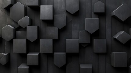 Modern geometric abstract wall featuring various black shapes and textures.