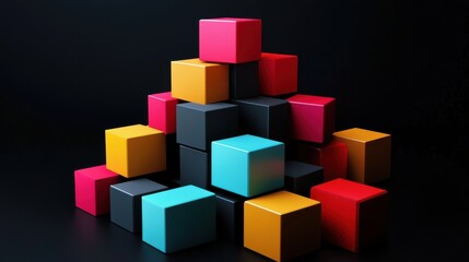 Obraz premium A vibrant arrangement of colorful geometric blocks in various shades of pink, red, orange, yellow, and teal on a dark background.