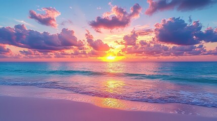 Colorful sunset over tranquil ocean waves at the beach during late evening hours