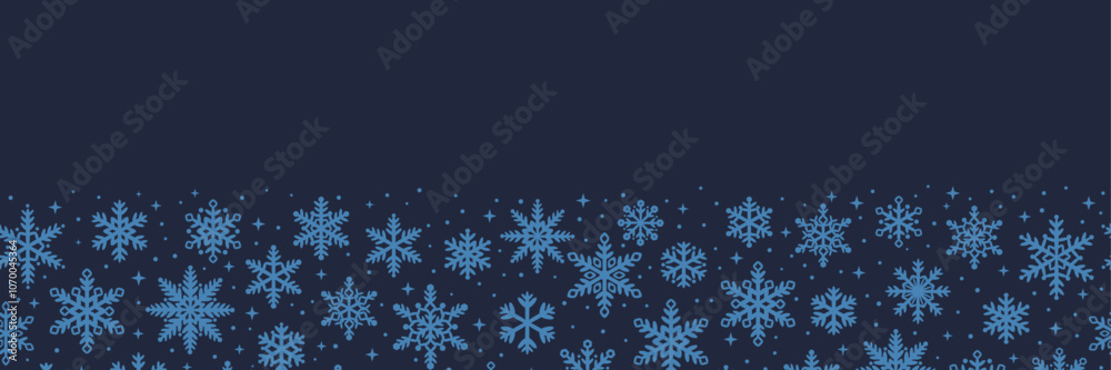 Poster snowflake vector banner, seamless repeating festive holiday border pattern, dark christmas or new ye