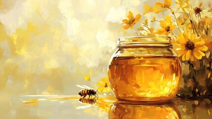 A glass jar of honey with a bee on a table, with flowers in the background and a blurred background.