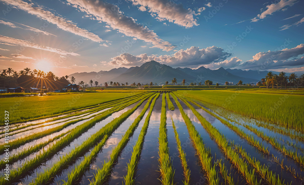 Poster field of rice with water in between the rows