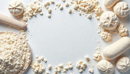 dough, flour, sugar and rolling pin on a white table