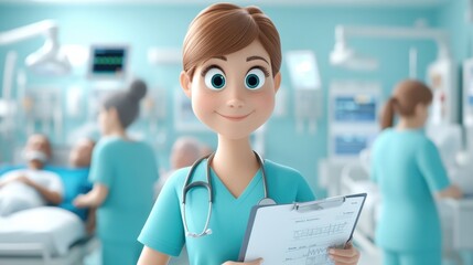 Fototapeta premium Cartoon Nurse Juggling Patient Care in Busy Environment