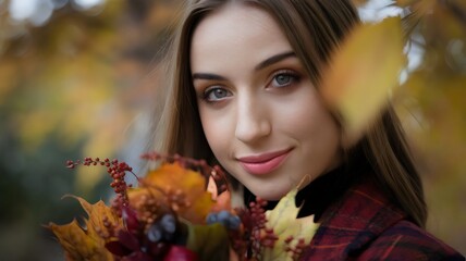 Portrait of a Smiling Woman with Autumn Flowers