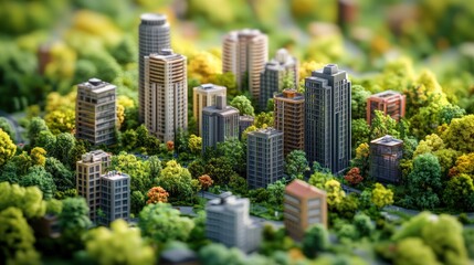 Miniature city model surrounded by lush greenery.