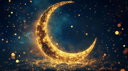 Fototapeta premium A crescent moon with golden patterns, glittering stars in the background, dark sky, Ramadan concept art