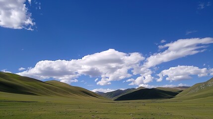 Fototapeta premium Enchanting Blue Sky, White Clouds, and Grassland Scenery: A Serene Escape