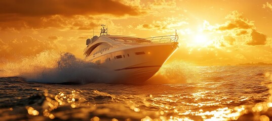 Fototapeta premium Sleek White Yacht Speeding at Sunset Over Water