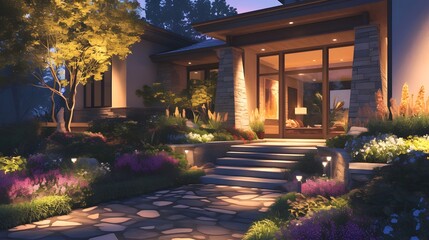 A modern home's exterior is illuminated at dusk, showcasing the stone facade and landscaping with warm lighting.
