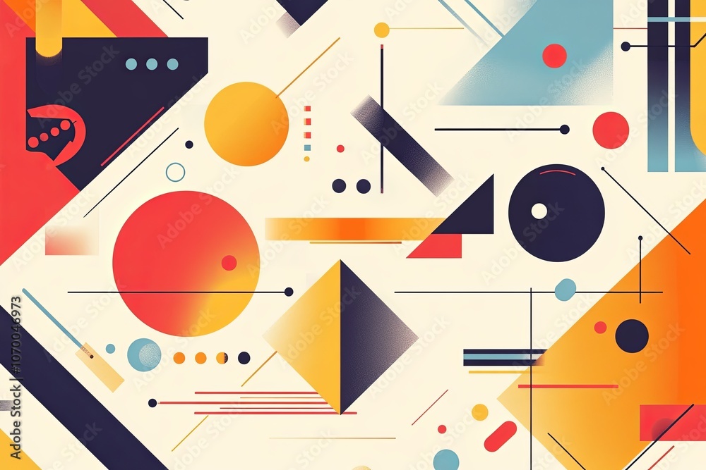 Poster colorful abstract geometric patterns with circles and triangles set against a light background creat