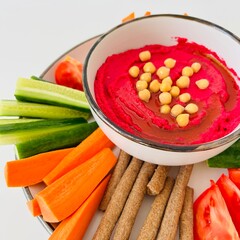 Beet Hummus Dip with Chickpeas on Top and Vegetables on Plate