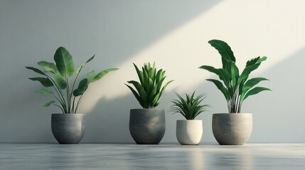 Fototapeta premium Four potted plants in a row against a white wall with natural light streaming in.