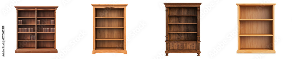 Poster isolated empty wooden bookshelves on transparent background