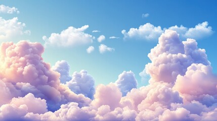 A stunning view of fluffy pink and white clouds against a serene blue sky, creating a dreamy atmosphere.