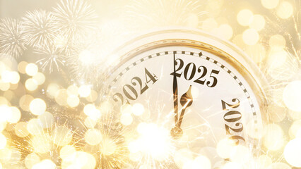 Vintage gold clock points to 2025 New Year on a golden bokeh background with sparks and fireworks,...