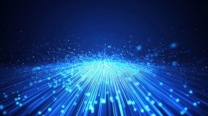 Dynamic blue light rays creating a mesmerizing digital landscape of glowing particles and energy.