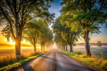 Naklejka premium Serene Long Exposure of an Empty Country Road with Sun-Dappled Mist and Tire Tracks in the Morning Light