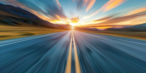 Long empty mountain road under a bright sunset on a sunny summer day with a speed motion blur effect ideal for a copy space image