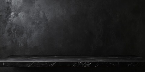Clean black marble countertop with a smooth, empty surface, framed by a dark black wall background for a sophisticated product display