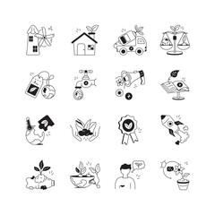 Icons set showcases various aspects of eco consciousness and environmental sustainability