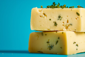 Stacked Herb Cheese Blocks Against Blue Background