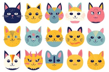 Obraz premium Colorful cartoon cat faces with diverse expressions and vibrant designs