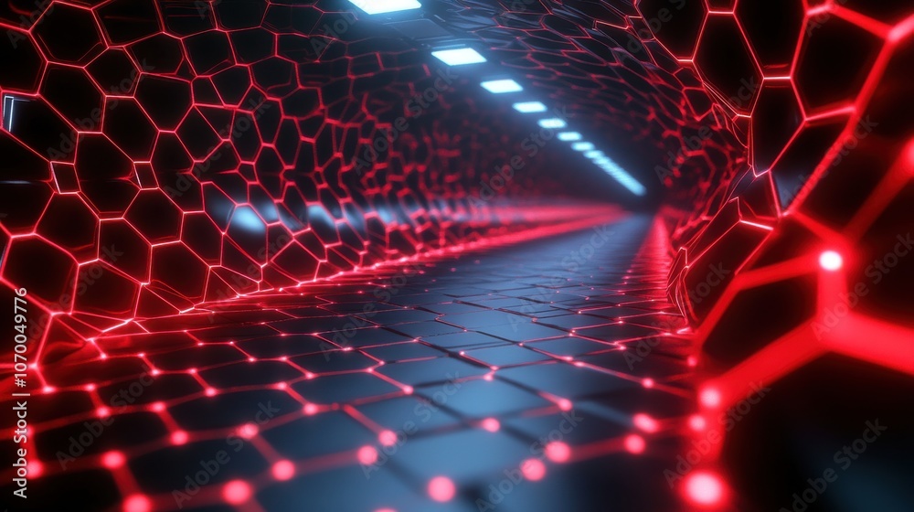 Poster futuristic tunnel with glowing red hexagonal patterns and bright lights creating an electronic, sci-